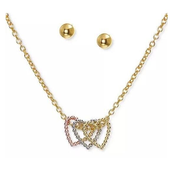 Gold Tone Triple Heart Necklace Earrings (2 Piece Set) Chic Women's Fashion NEW - Picture 1 of 5